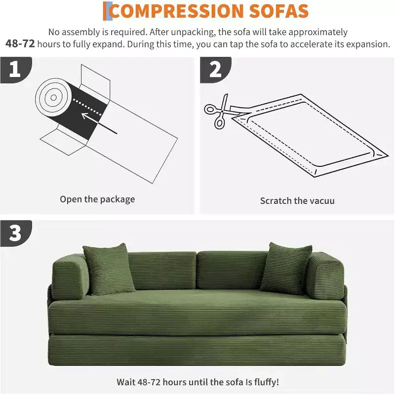 Canapé-lit convertible 200 cm avec oreillers, canapé de sol 5-en-1 en velours côtelé, causeuse matelas pliant avec cadre à forme fixe, aucun assemblage requis