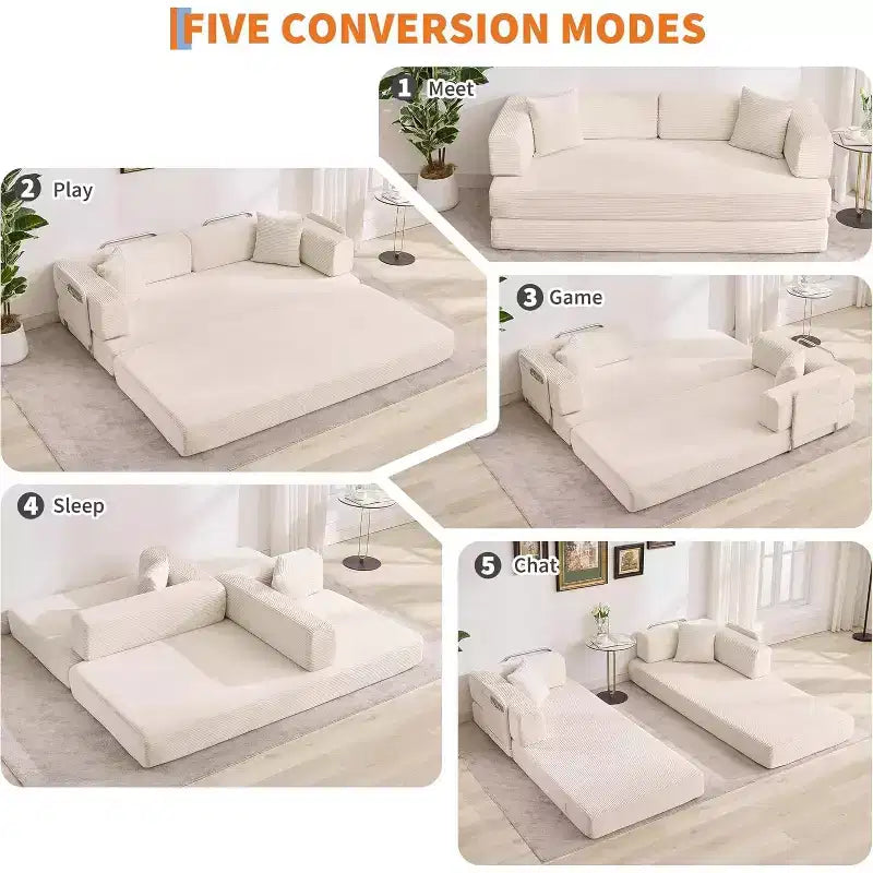 Canapé-lit convertible 200 cm avec oreillers, canapé de sol 5-en-1 en velours côtelé, causeuse matelas pliant avec cadre à forme fixe, aucun assemblage requis