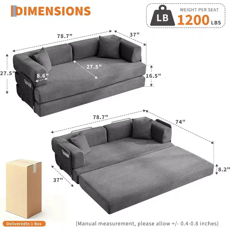 Canapé-lit convertible 200 cm avec oreillers, canapé de sol 5-en-1 en velours côtelé, causeuse matelas pliant avec cadre à forme fixe, aucun assemblage requis