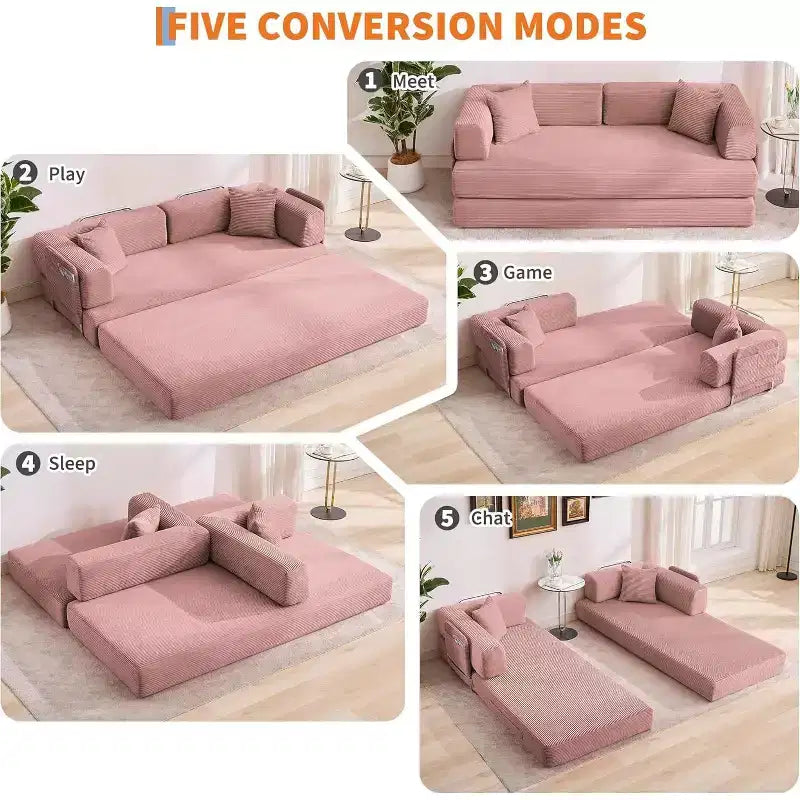Canapé-lit convertible 200 cm avec oreillers, canapé de sol 5-en-1 en velours côtelé, causeuse matelas pliant avec cadre à forme fixe, aucun assemblage requis