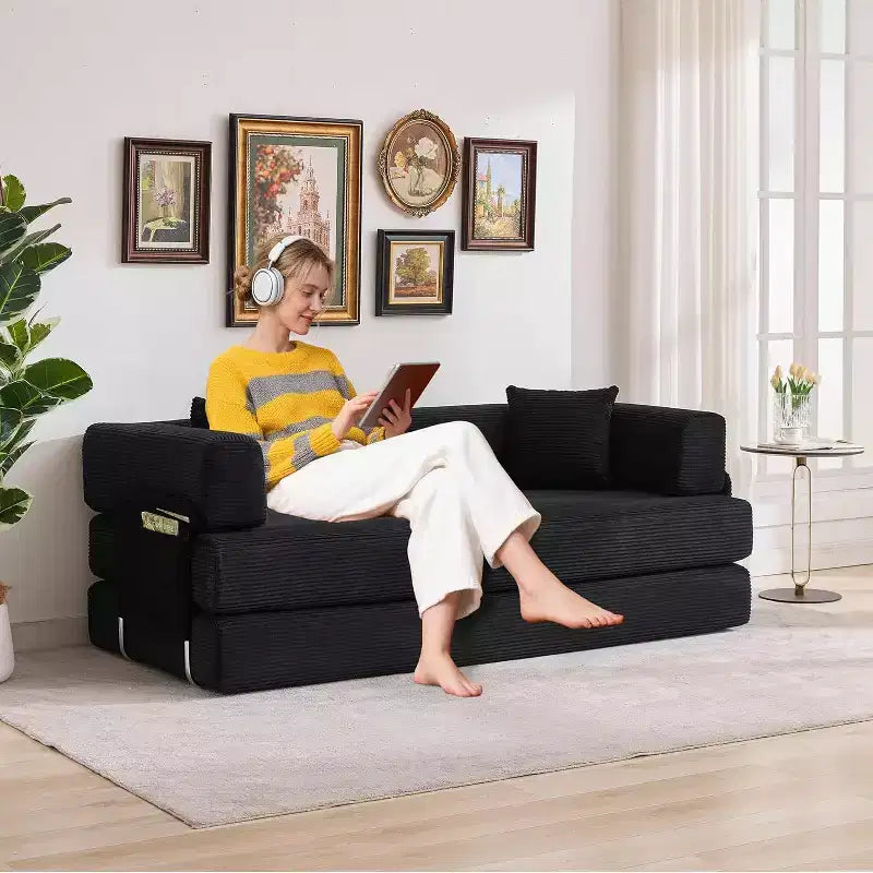 Canapé-lit convertible 200 cm avec oreillers, canapé de sol 5-en-1 en velours côtelé, causeuse matelas pliant avec cadre à forme fixe, aucun assemblage requis
