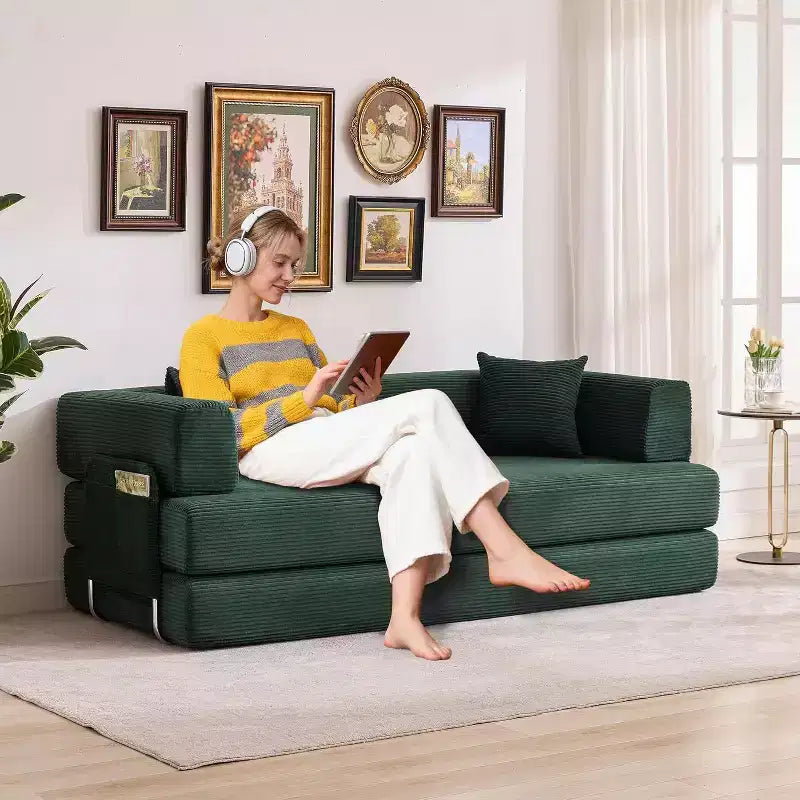 Canapé-lit convertible 200 cm avec oreillers, canapé de sol 5-en-1 en velours côtelé, causeuse matelas pliant avec cadre à forme fixe, aucun assemblage requis
