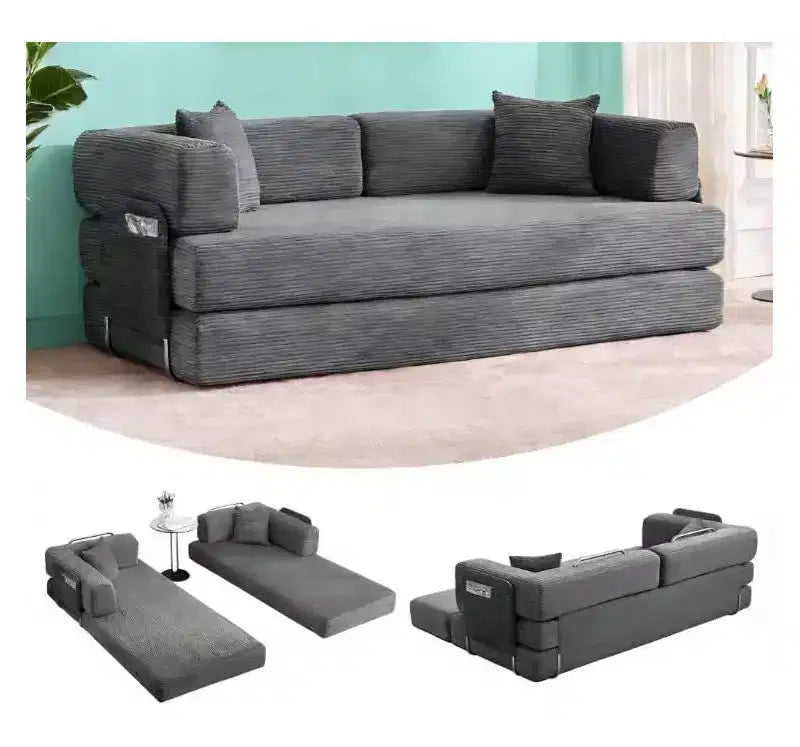 Canapé-lit convertible 200 cm avec oreillers, canapé de sol 5-en-1 en velours côtelé, causeuse matelas pliant avec cadre à forme fixe, aucun assemblage requis
