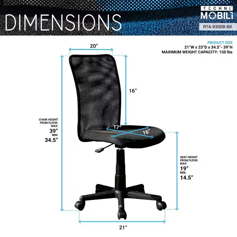 Chaise de bureau sans accoudoirs, Chaise de bureau en maille avec hauteur réglable et roulettes universelles, Chaise confortable pour bureau et maison, Noir