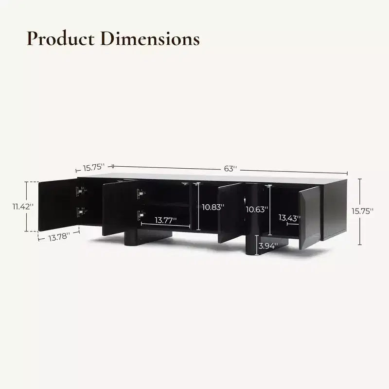 Meuble TV bas 63" avec portes à ouverture par pression, noir mat