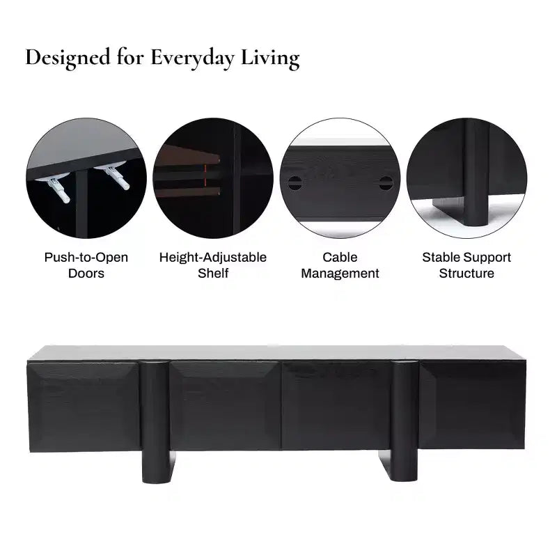 Meuble TV bas 63" avec portes à ouverture par pression, noir mat