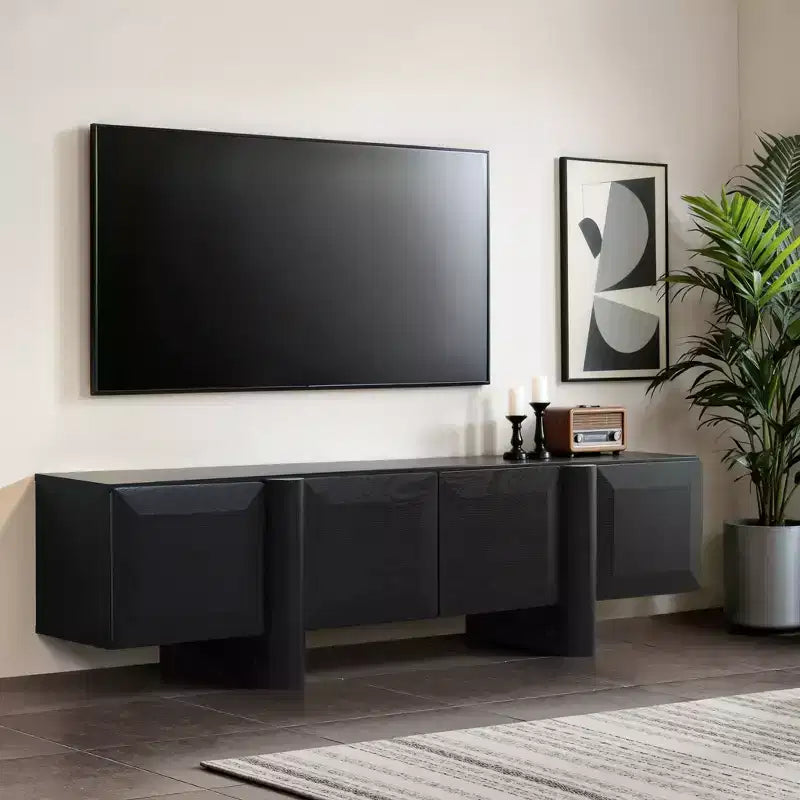 Meuble TV bas 63" avec portes à ouverture par pression, noir mat