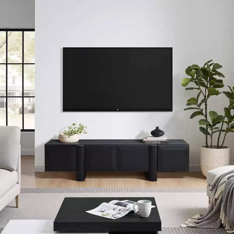 Meuble TV bas 63" avec portes à ouverture par pression, noir mat