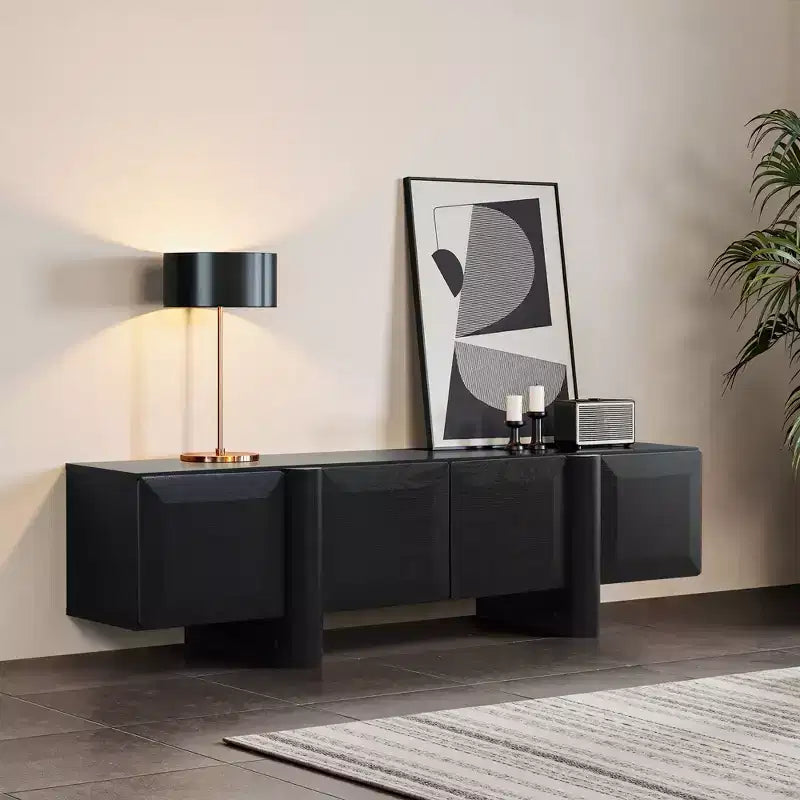 Meuble TV bas 63" avec portes à ouverture par pression, noir mat