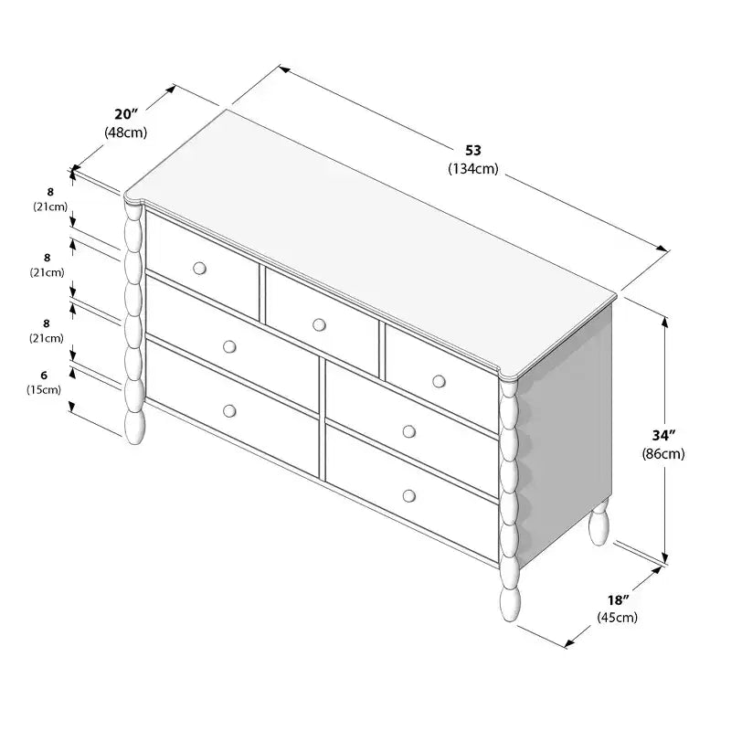Commode à 7 tiroirs et fuseaux - Pin massif, Chambre d'enfant