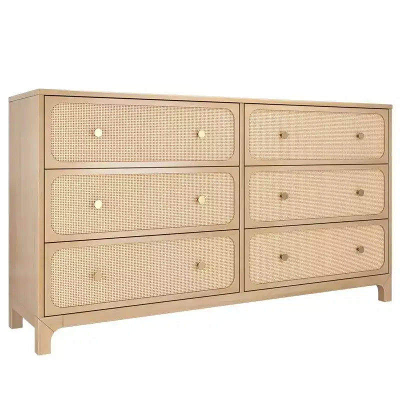 Commode 6 tiroirs en rotin avec poignées en laiton - Pin massif