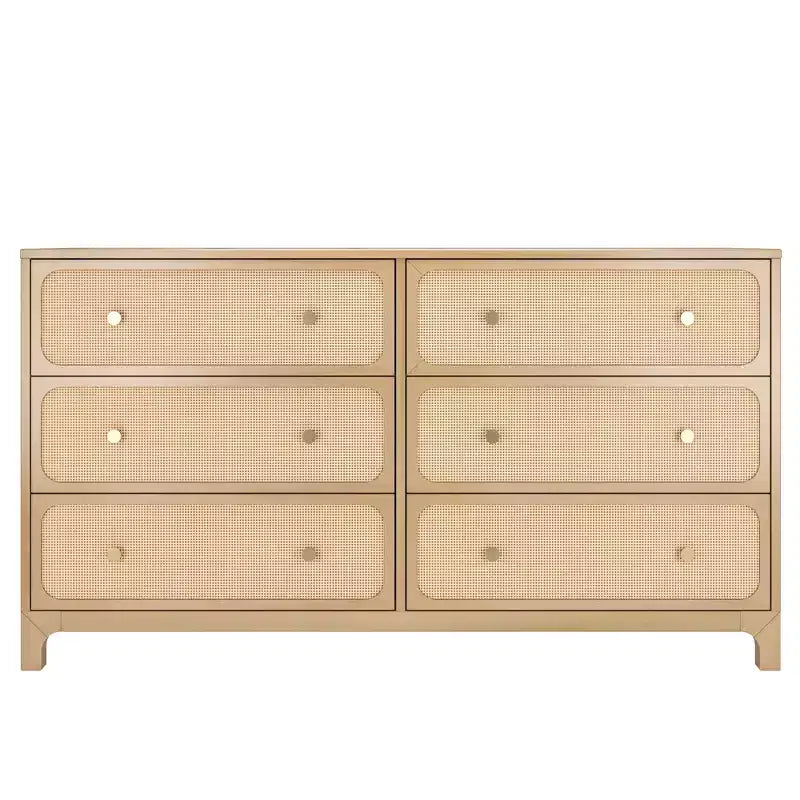 Commode 6 tiroirs en rotin avec poignées en laiton - Pin massif