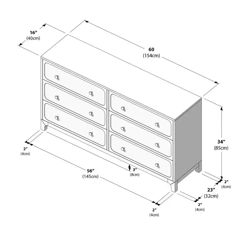 Commode 6 tiroirs en rotin avec poignées en laiton - Pin massif
