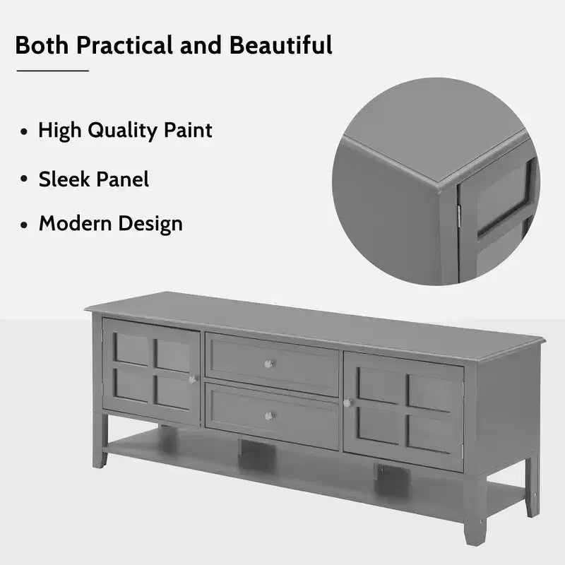 Meuble TV gris de 150 cm pour téléviseurs jusqu'à 60 pouces avec espace de rangement multifonctionnel Console média pour salon ou chambre à coucher