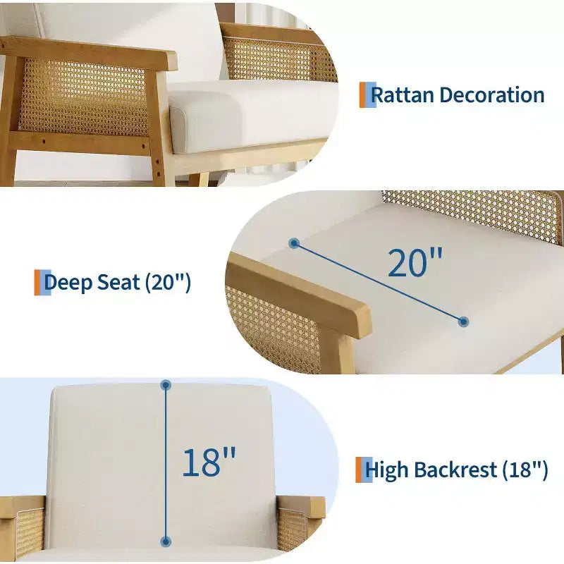 Fauteuil d'appoint en rotin rembourré, Fauteuil à dossier haut avec cadre en bois, Fauteuil de lecture et de détente pour la maison et la salle d'attente