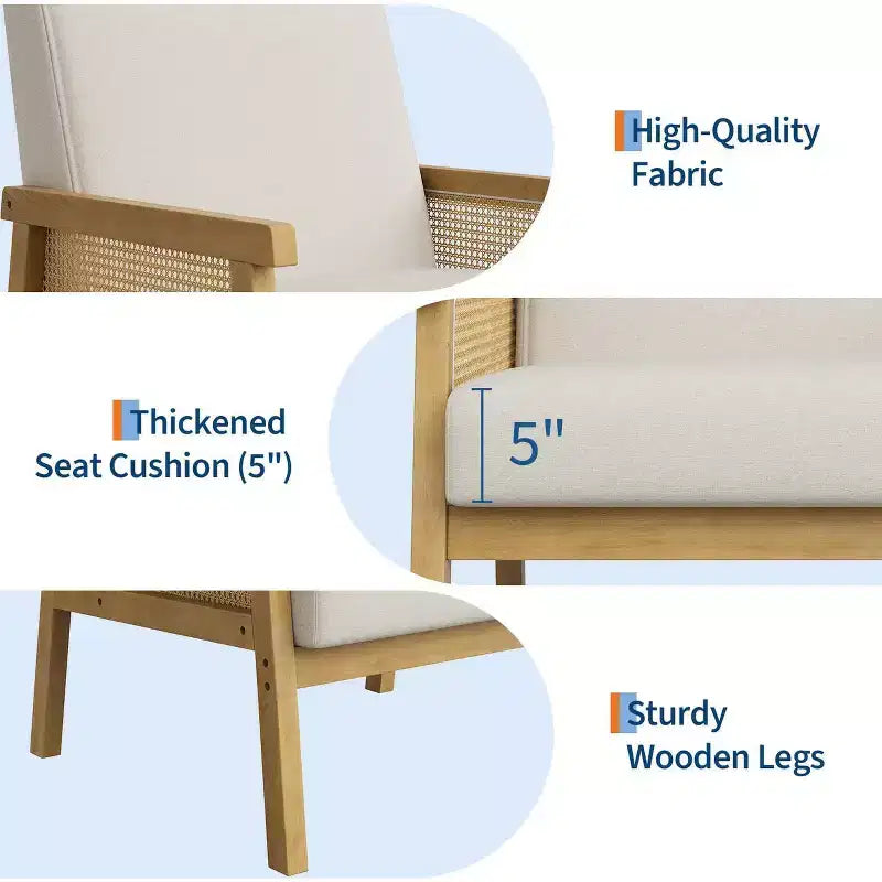 Fauteuil d'appoint en rotin rembourré, Fauteuil à dossier haut avec cadre en bois, Fauteuil de lecture et de détente pour la maison et la salle d'attente