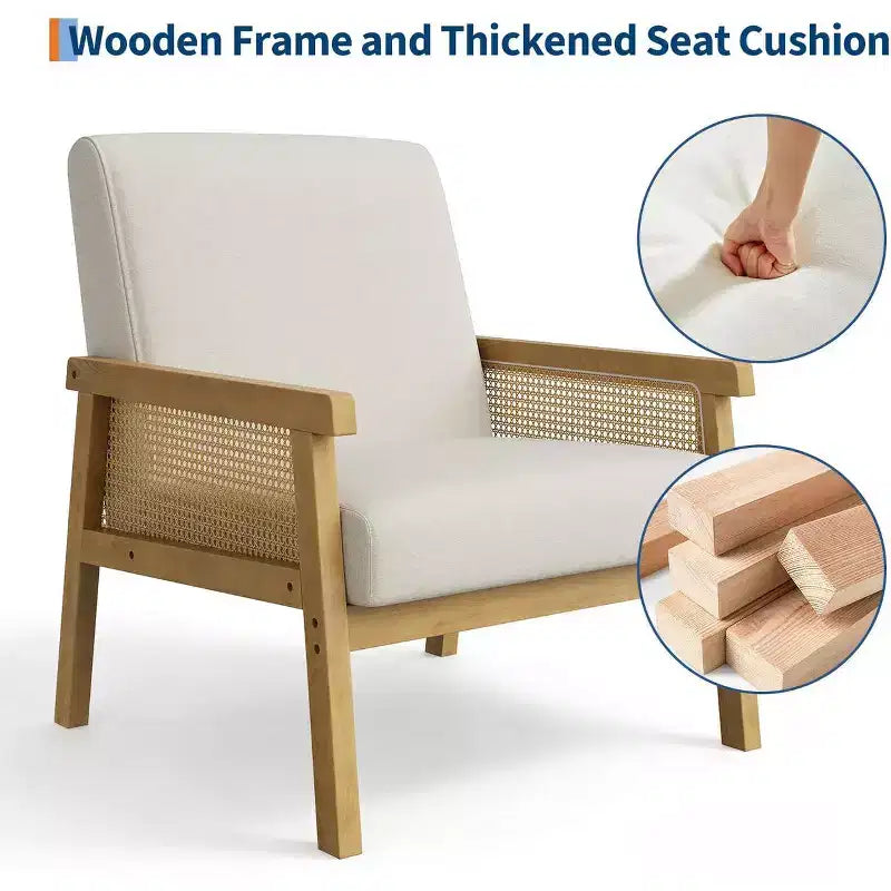 Fauteuil d'appoint en rotin rembourré, Fauteuil à dossier haut avec cadre en bois, Fauteuil de lecture et de détente pour la maison et la salle d'attente