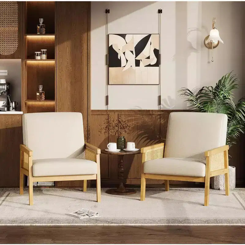 Fauteuil d'appoint en rotin rembourré, Fauteuil à dossier haut avec cadre en bois, Fauteuil de lecture et de détente pour la maison et la salle d'attente
