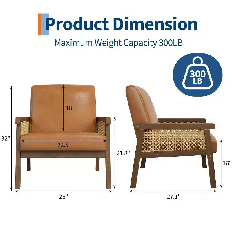 Fauteuil d'appoint en rotin rembourré, Fauteuil à dossier haut avec cadre en bois, Fauteuil de lecture et de détente pour la maison et la salle d'attente
