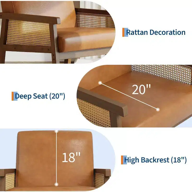 Fauteuil d'appoint en rotin rembourré, Fauteuil à dossier haut avec cadre en bois, Fauteuil de lecture et de détente pour la maison et la salle d'attente