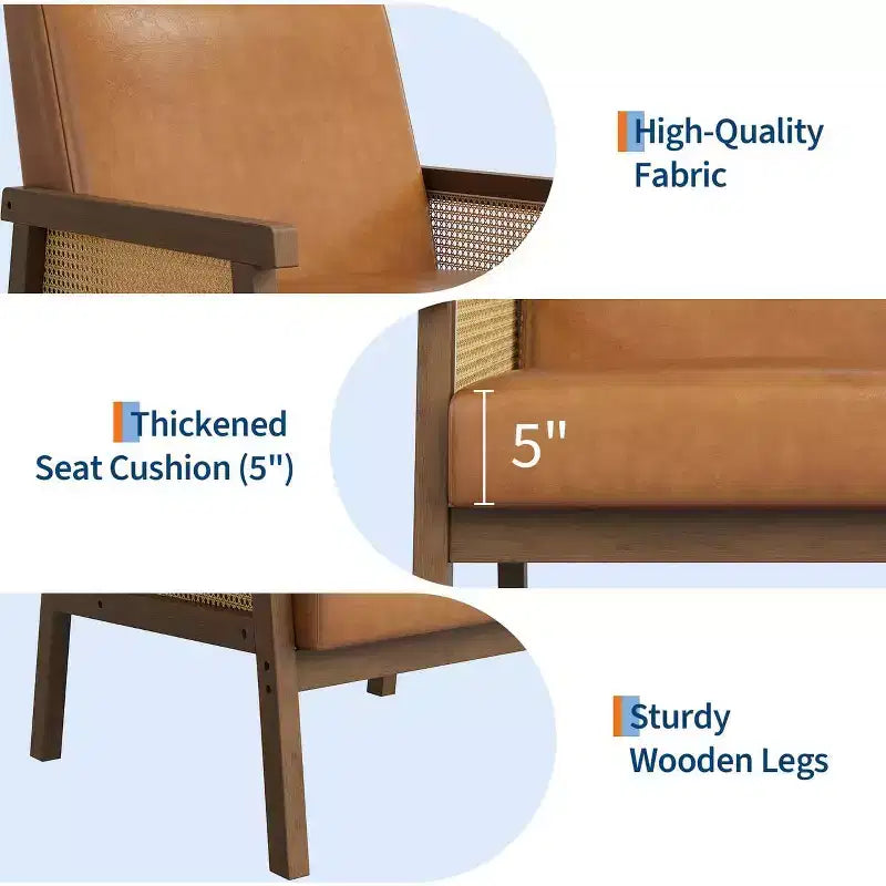 Fauteuil d'appoint en rotin rembourré, Fauteuil à dossier haut avec cadre en bois, Fauteuil de lecture et de détente pour la maison et la salle d'attente