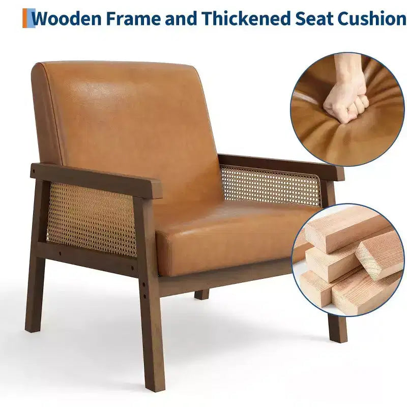 Fauteuil d'appoint en rotin rembourré, Fauteuil à dossier haut avec cadre en bois, Fauteuil de lecture et de détente pour la maison et la salle d'attente