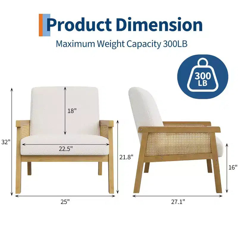 Fauteuil d'appoint en rotin rembourré, Fauteuil à dossier haut avec cadre en bois, Fauteuil de lecture et de détente pour la maison et la salle d'attente