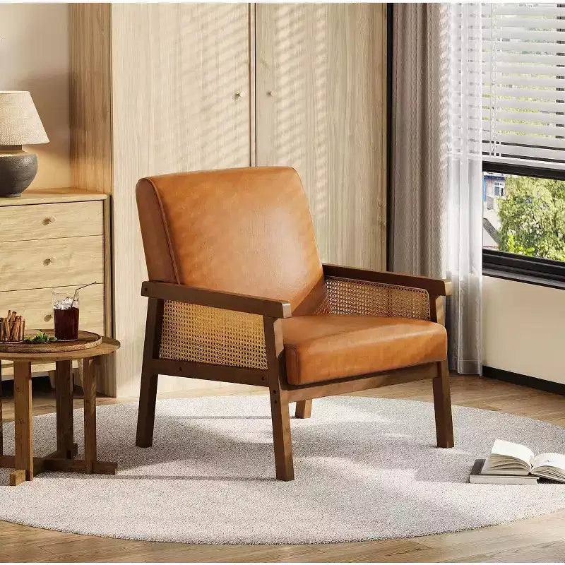 Fauteuil d'appoint en rotin rembourré, Fauteuil à dossier haut avec cadre en bois, Fauteuil de lecture et de détente pour la maison et la salle d'attente