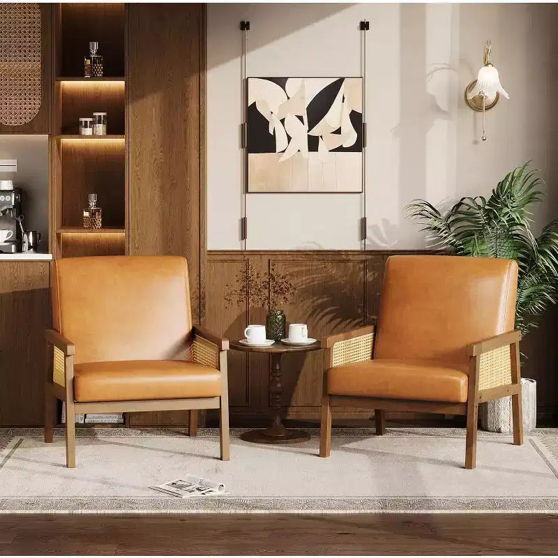 Fauteuil d'appoint en rotin rembourré, Fauteuil à dossier haut avec cadre en bois, Fauteuil de lecture et de détente pour la maison et la salle d'attente