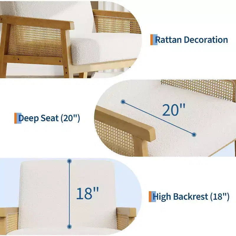 Fauteuil d'appoint en rotin rembourré, Fauteuil à dossier haut avec cadre en bois, Fauteuil de lecture et de détente pour la maison et la salle d'attente