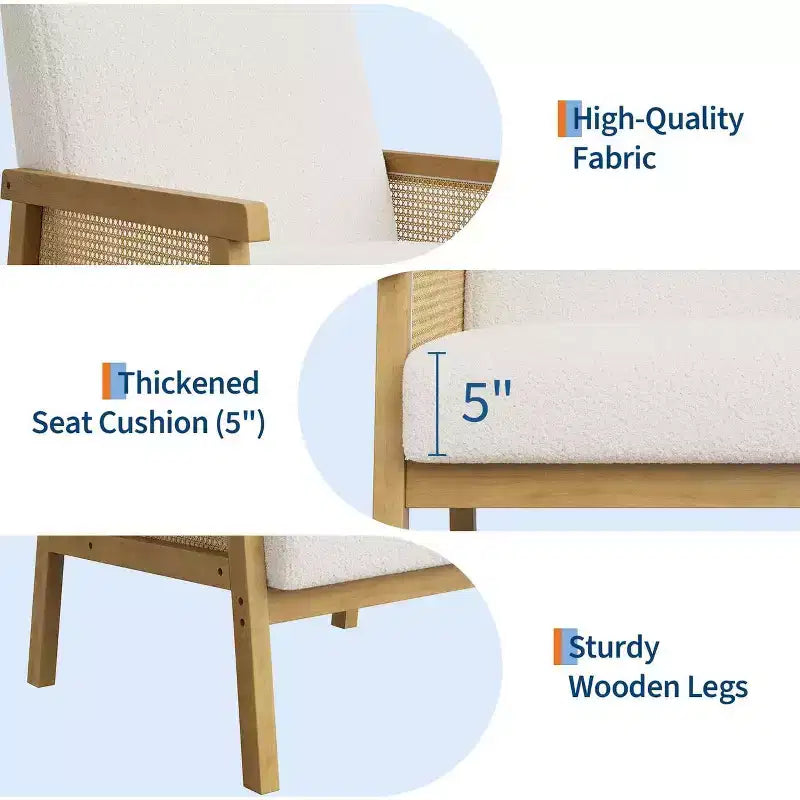 Fauteuil d'appoint en rotin rembourré, Fauteuil à dossier haut avec cadre en bois, Fauteuil de lecture et de détente pour la maison et la salle d'attente
