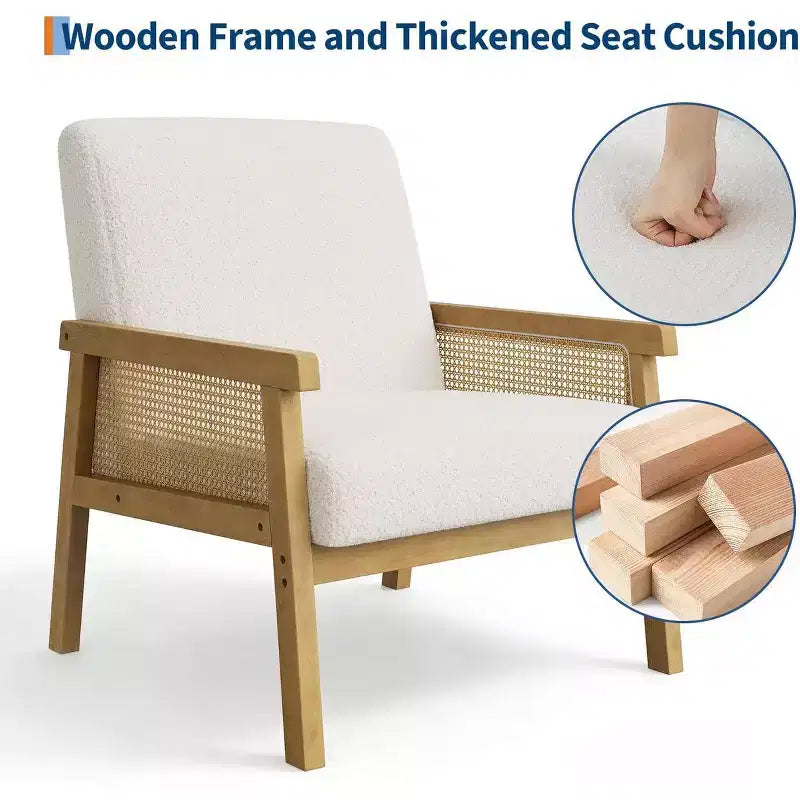 Fauteuil d'appoint en rotin rembourré, Fauteuil à dossier haut avec cadre en bois, Fauteuil de lecture et de détente pour la maison et la salle d'attente