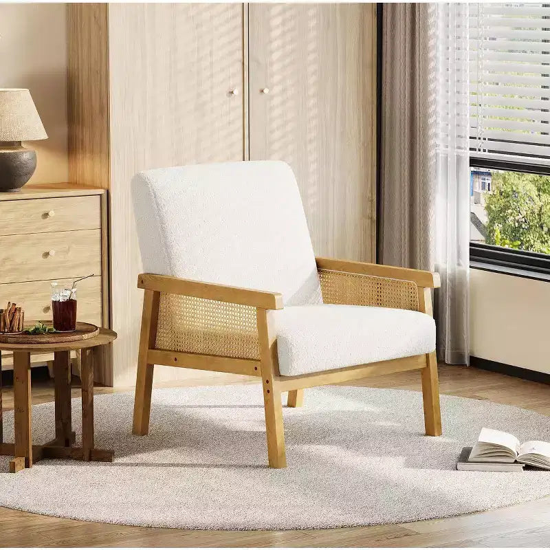 Fauteuil d'appoint en rotin rembourré, Fauteuil à dossier haut avec cadre en bois, Fauteuil de lecture et de détente pour la maison et la salle d'attente