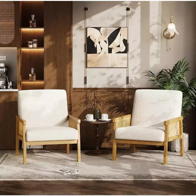 Fauteuil d'appoint en rotin rembourré, Fauteuil à dossier haut avec cadre en bois, Fauteuil de lecture et de détente pour la maison et la salle d'attente