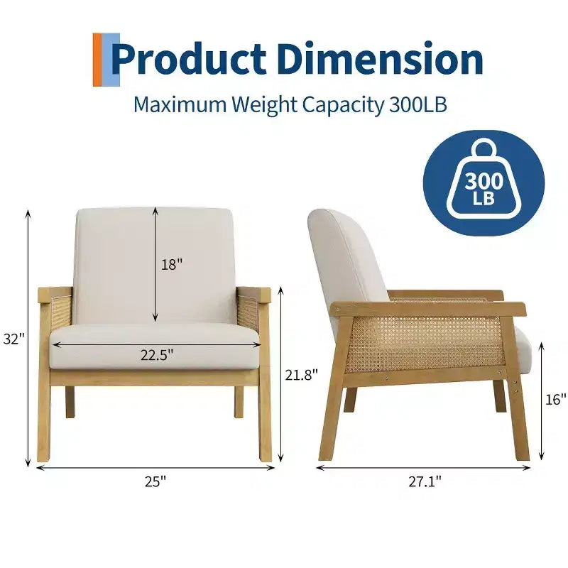 Fauteuil d'appoint en rotin rembourré, Fauteuil à dossier haut avec cadre en bois, Fauteuil de lecture et de détente pour la maison et la salle d'attente