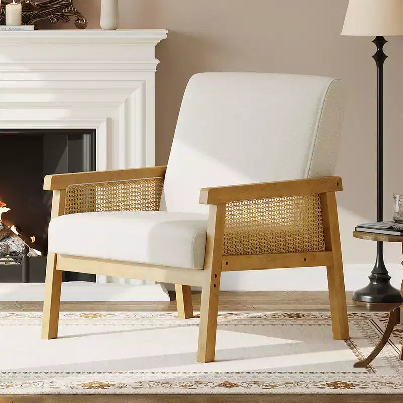 Fauteuil d'appoint en rotin rembourré, Fauteuil à dossier haut avec cadre en bois, Fauteuil de lecture et de détente pour la maison et la salle d'attente