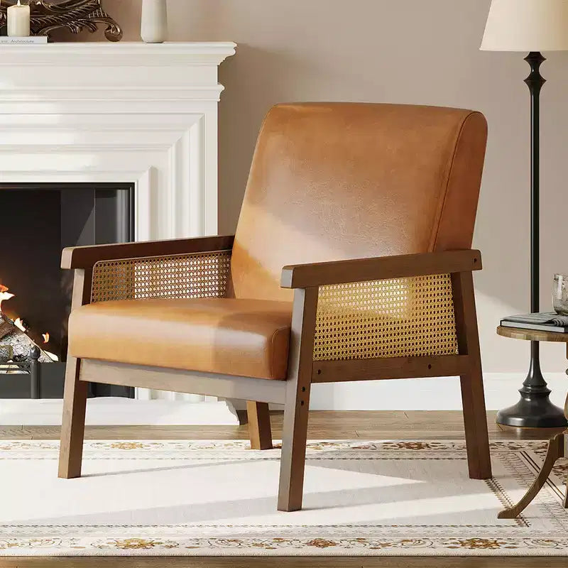 Fauteuil d'appoint en rotin rembourré, Fauteuil à dossier haut avec cadre en bois, Fauteuil de lecture et de détente pour la maison et la salle d'attente
