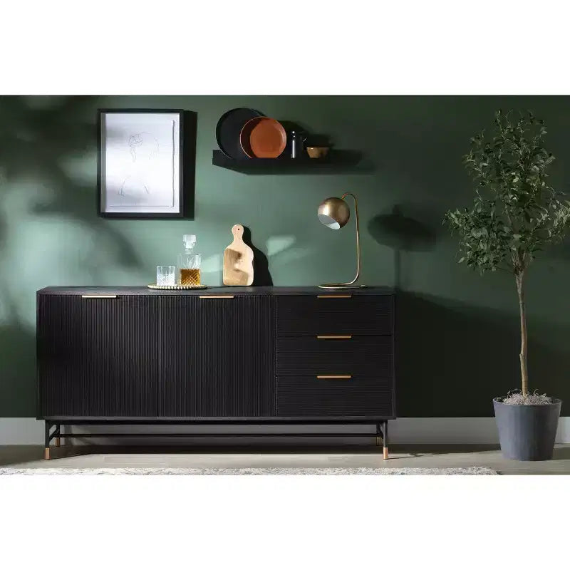 Buffet de style Mid-Century, chêne cendre/doré, 3 tiroirs et 2 portes, 160 cm