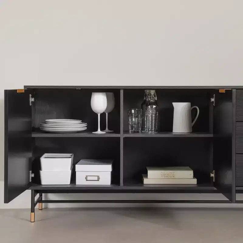 Buffet de style Mid-Century, chêne cendre/doré, 3 tiroirs et 2 portes, 160 cm