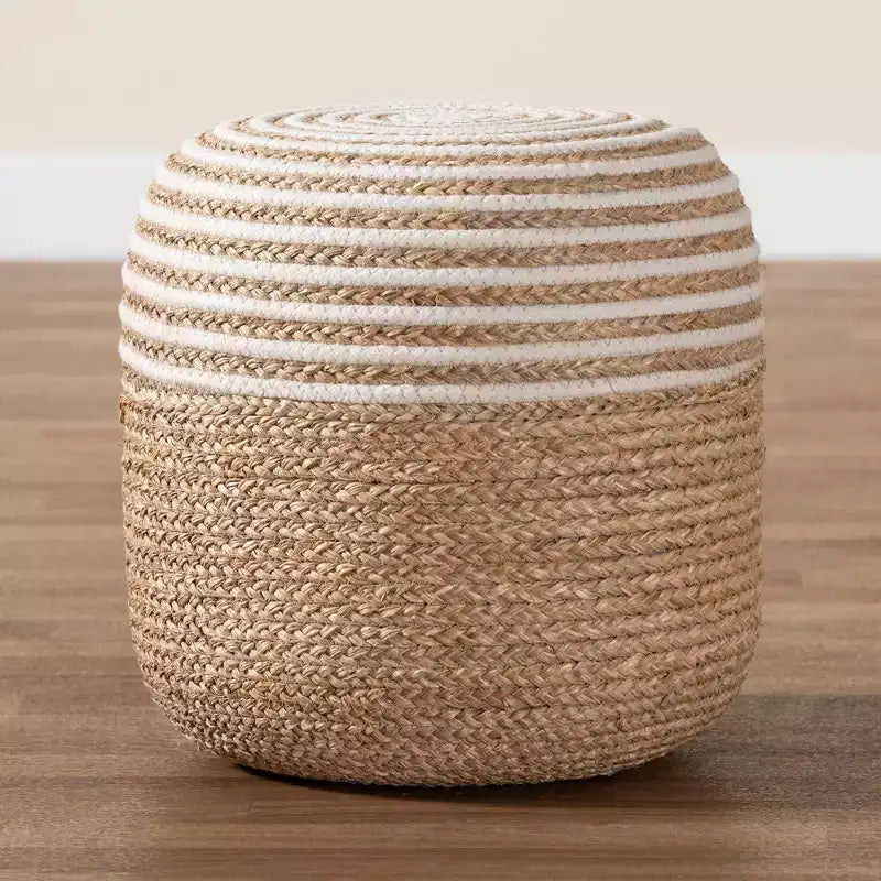 Repose-pieds ottoman en herbe de mer et corde tressée blanc/marron naturel : Revêtement en coton, aucun assemblage requis