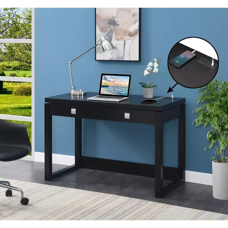 Bureau 2 tiroirs avec station de charge, Expresso/Noir, MDF, Bureau à domicile