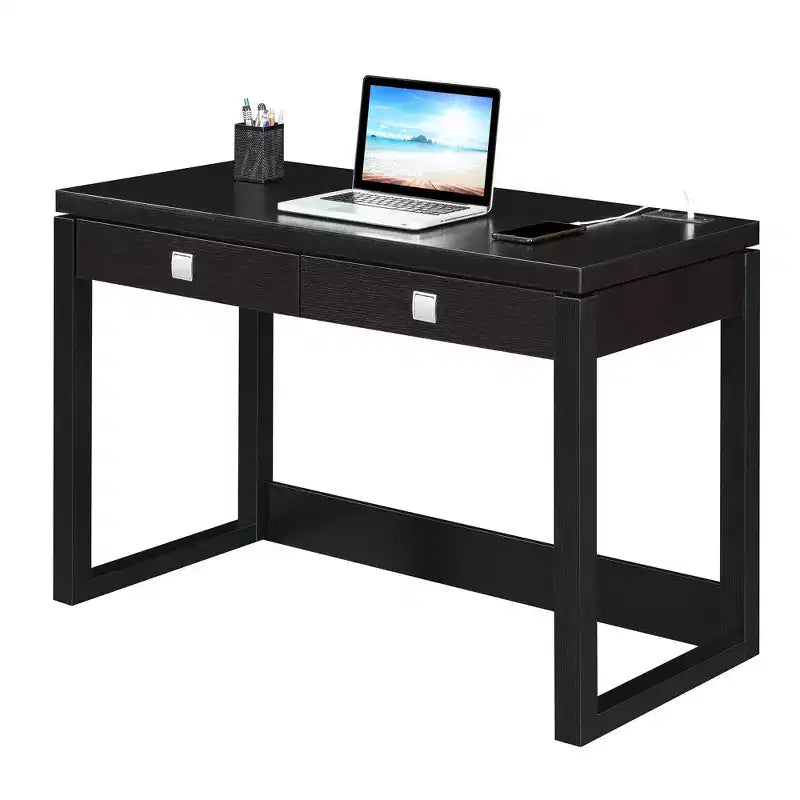 Bureau 2 tiroirs avec station de charge, Expresso/Noir, MDF, Bureau à domicile