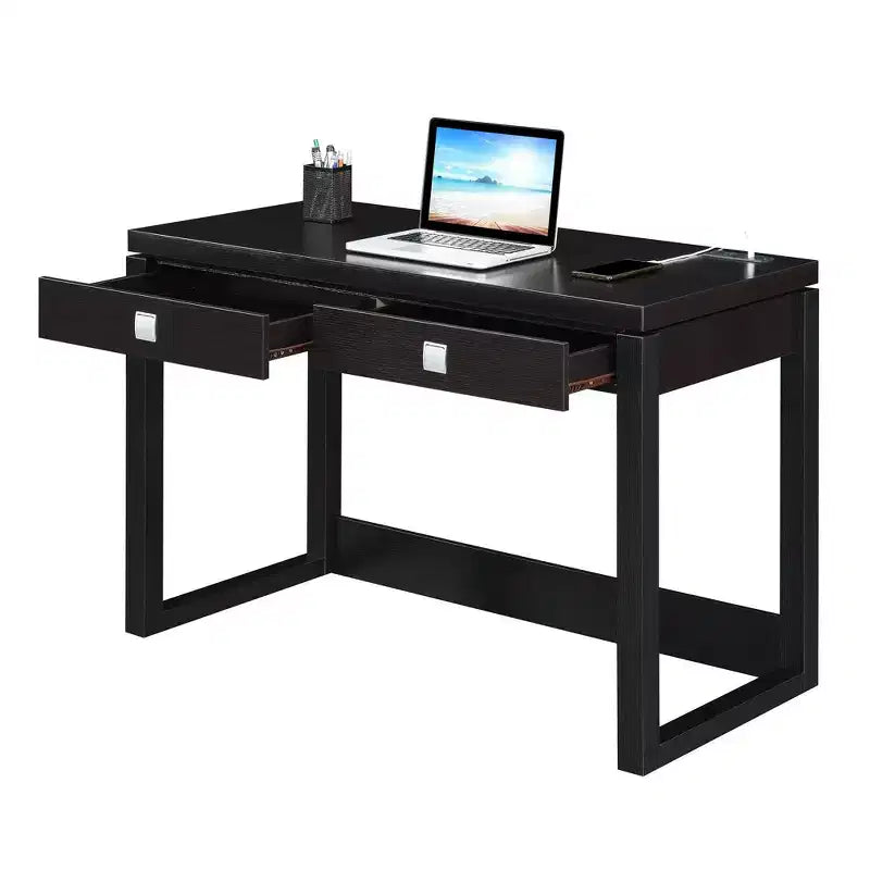 Bureau 2 tiroirs avec station de charge, Expresso/Noir, MDF, Bureau à domicile