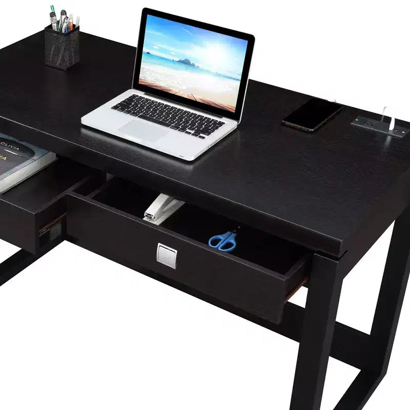 Bureau 2 tiroirs avec station de charge, Expresso/Noir, MDF, Bureau à domicile