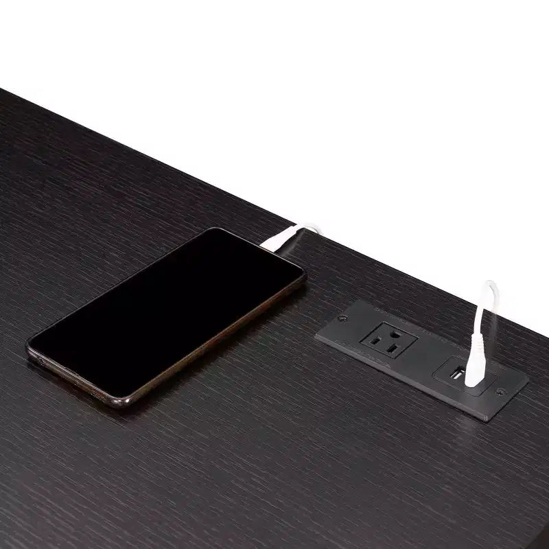 Bureau 2 tiroirs avec station de charge, Expresso/Noir, MDF, Bureau à domicile