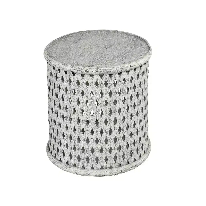 Table d'appoint ronde, finition albâtre, bois de manguier, piètement en croisillons, aucun assemblage requis