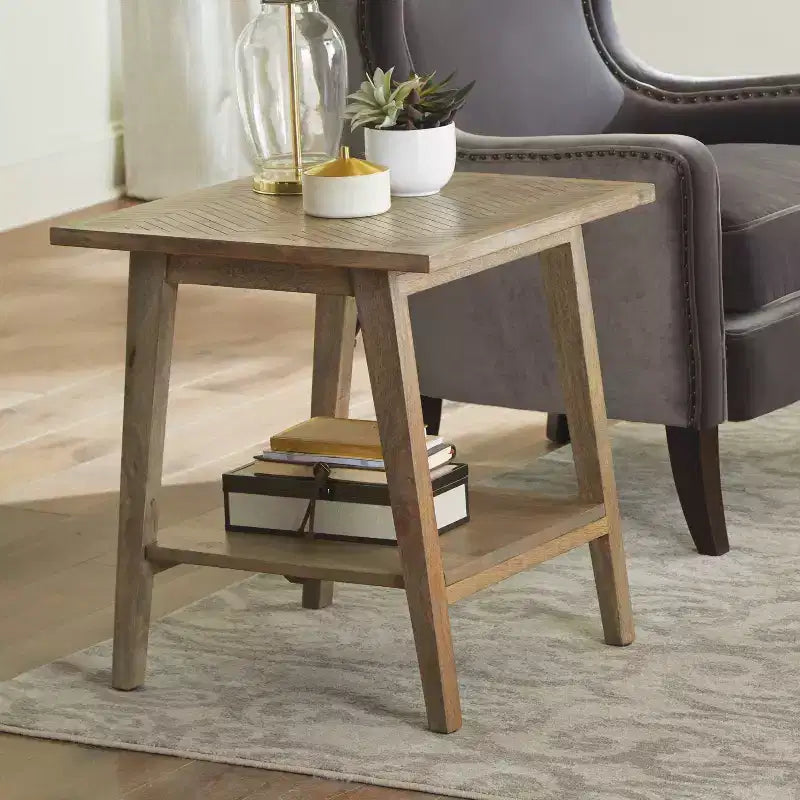 Table d'appoint carrée, Bois de manguier naturel, Style moderne du milieu du siècle, Étagère de rangement