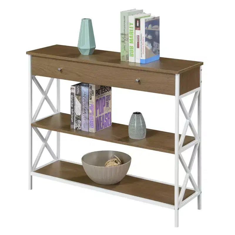 Table console 1 tiroir avec étagères Bois flotté/Blanc : Cadre en métal, plateau en MDF, rangement d'entrée