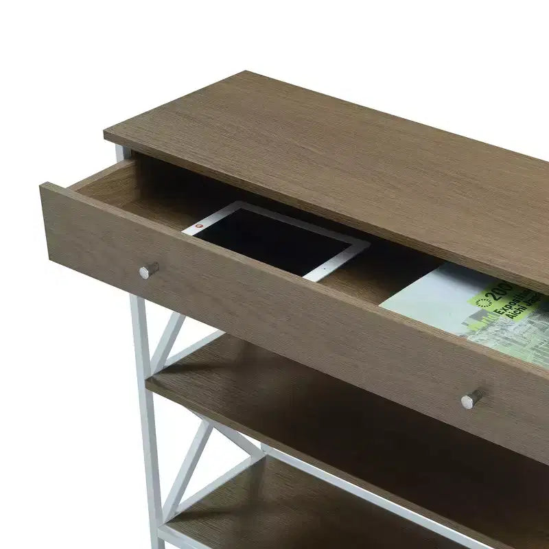 Table console 1 tiroir avec étagères Bois flotté/Blanc : Cadre en métal, plateau en MDF, rangement d'entrée