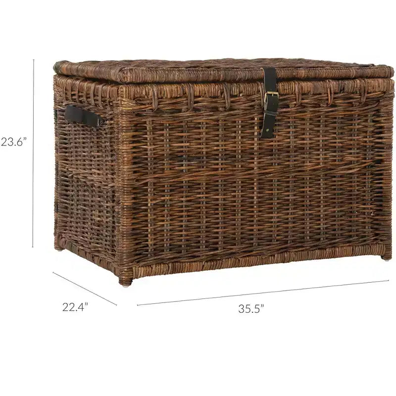 Coffre de rangement en osier de 89 cm de large avec sangle en cuir, pliable